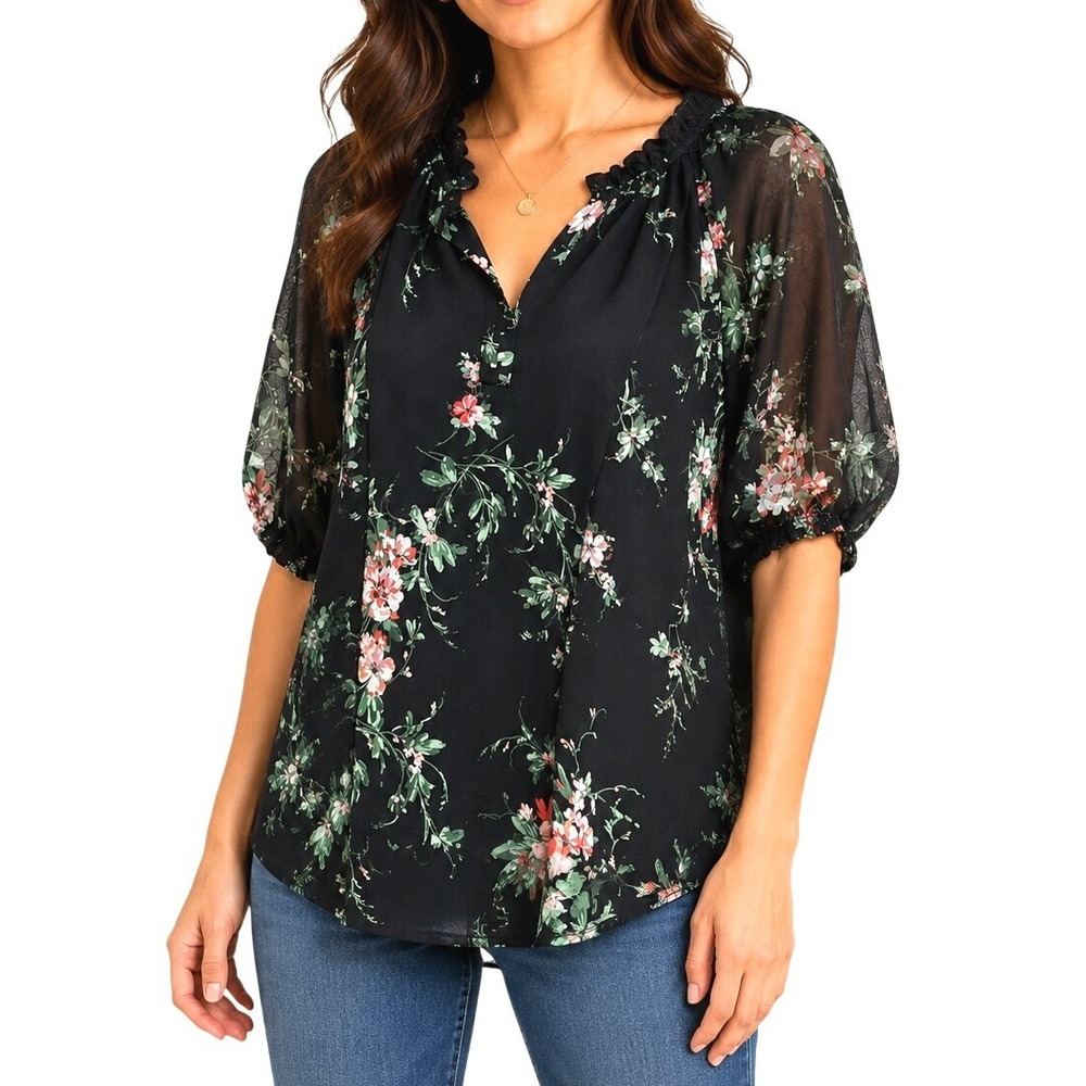 Joie de Vivre Womens Navy Floral Sheer Sleeve Ruffle Neck Blouse Size M